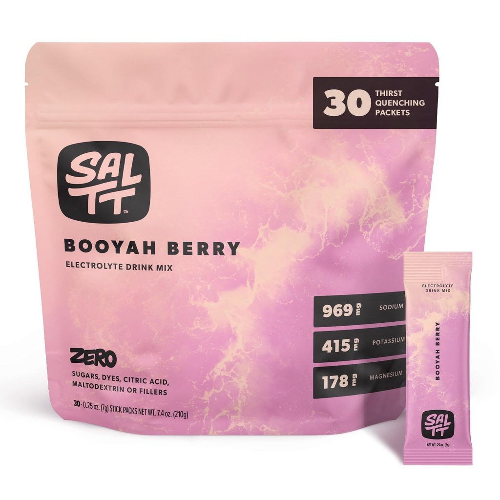 SALTT Electrolytes Powder Flavored Drink Mix - Booyah Berry - 30 Hydration Packets - Magnesium, Kalium, Natrium, Trace Minerals - Null Sukker & Glutenfri - Reise Essentials