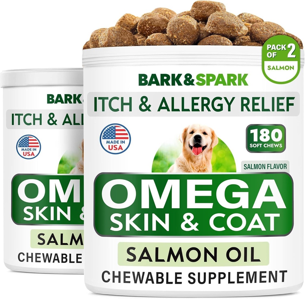 BARK & SPARK Omega 3 for hunder - 360 fiskeoljebehandlinger for hund shedding, hudallergi, klør relief, varme flekker behandling - felles helse - hud og Coat Supplement - EPA & DHA fettsyrer - lakseolje