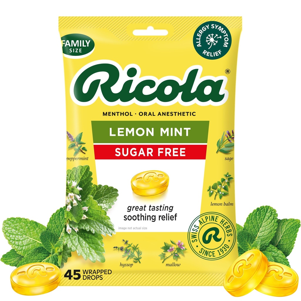 Ricola sukker gratis sitron mint throat dråper, 45 greve, forfriskende lindring fra mindre throat irritasjoner, oral anestetisk