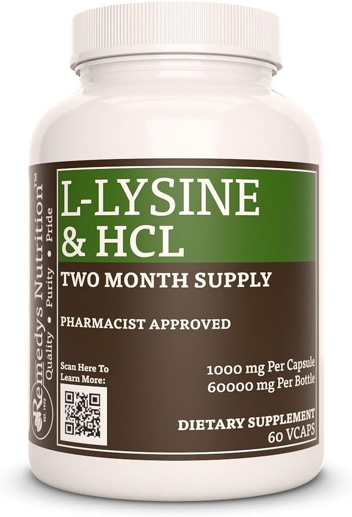 Remedys ernæring L-Lysine HCL 1000 mg, 60 Vegan Capsule Aminosyre kosttilskudd