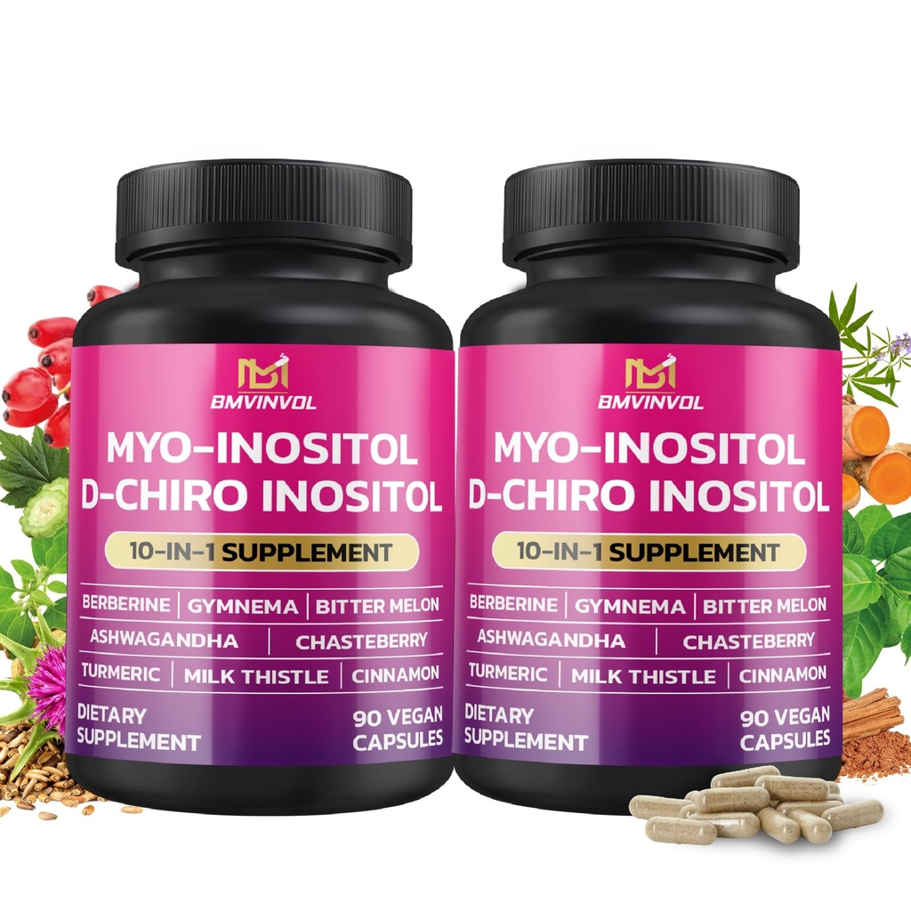 BMVINVOL 2 Pack Inositol Supplement-Myo-Inositol og D-Chiro Inositol Ideell 40:1 Ratio - Plus Berberin, kanel, Ashwagandha+5 Mer-60 dagers forsyning