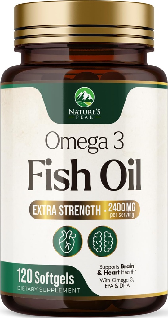 Omega 3 Fish Oil 2400 mg Supplement, Sustainabilly kildet, Triple Styrke Omega-3 Supplement Softgels, Hjerne Helse støtte, EPA & DHA Fiskeolje fettsyrer Supplements, Gluten & GMO Gratis, 120 Softgels