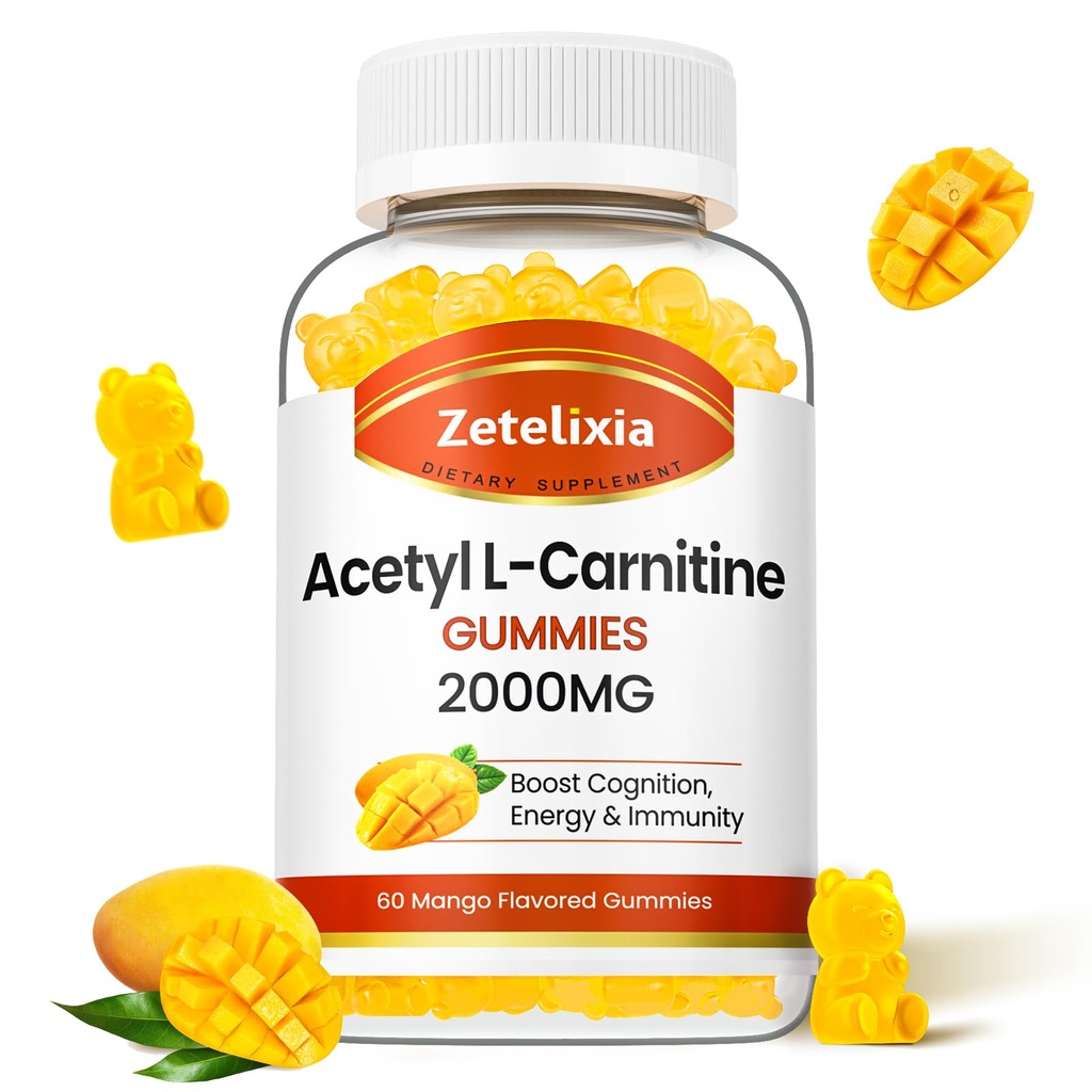 Acetyl L-karnitine gummies, L-karnitine Supplement for kvinner og menn, ernæringstilskudd for økt energi, immunitet og hjerne helse, vegan, ikke-GMO, Mango Flavor, 60 greve