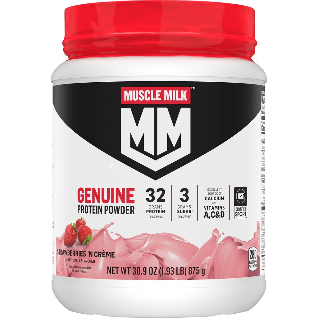 Muskelmelk Ekte proteinpulver, jordbær 'N Crème, 1,93 pund, 13 serveringer, 32 g protein, 3g sukker, kalsium, vitaminer A, C & D, NSF-sertifisert for sport, Energiizing Snack, emballasje May Vary