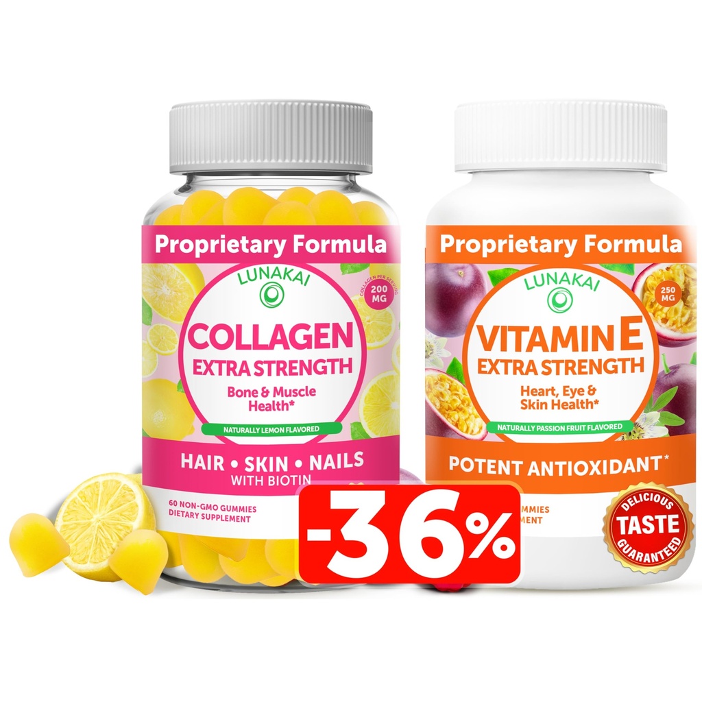 Lunakai Collagen og vitamin E Gummies Bundle - Ikke-GMO Anti Aging Kosttilskudd for menn og kvinner - Naturlig Gummy med vitamin C & 250 mg Naturlig VIT E