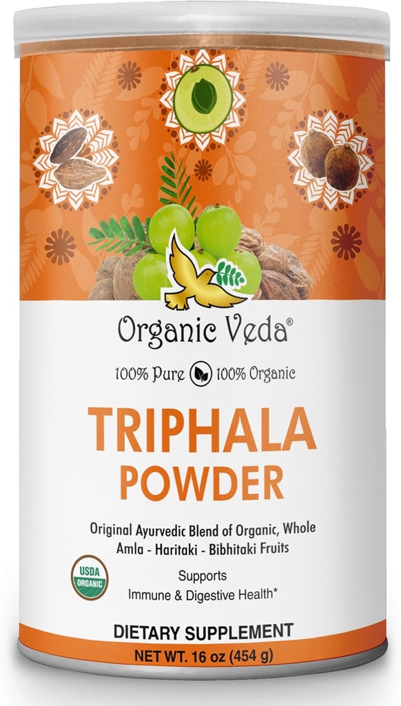 Organic Veda Triphala pulver med Amla, Haritaki, Bibhitaki frukter - 100% naturlig ayurvedic Triphala pulver - forbedrer immun støtte, Digestion, Colon rengjøring, hud helse - Vegan, ikke-GMO - 16oz