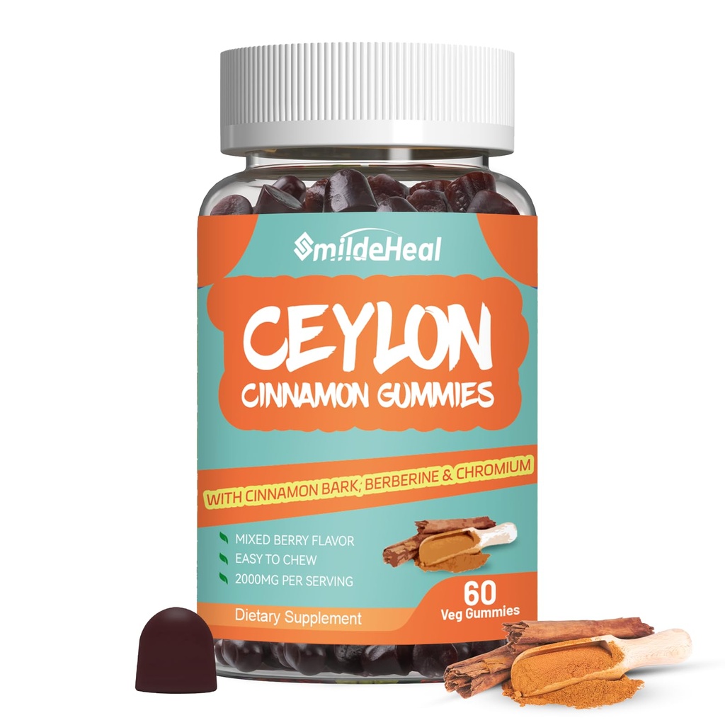Sukkerfri Ceylon Cinnamon Gummies 2000MG, kanel Supplement med Chromium og kanel Bark, Vegansk, Ikke-GMO, Glutenfri, 60 Gummies