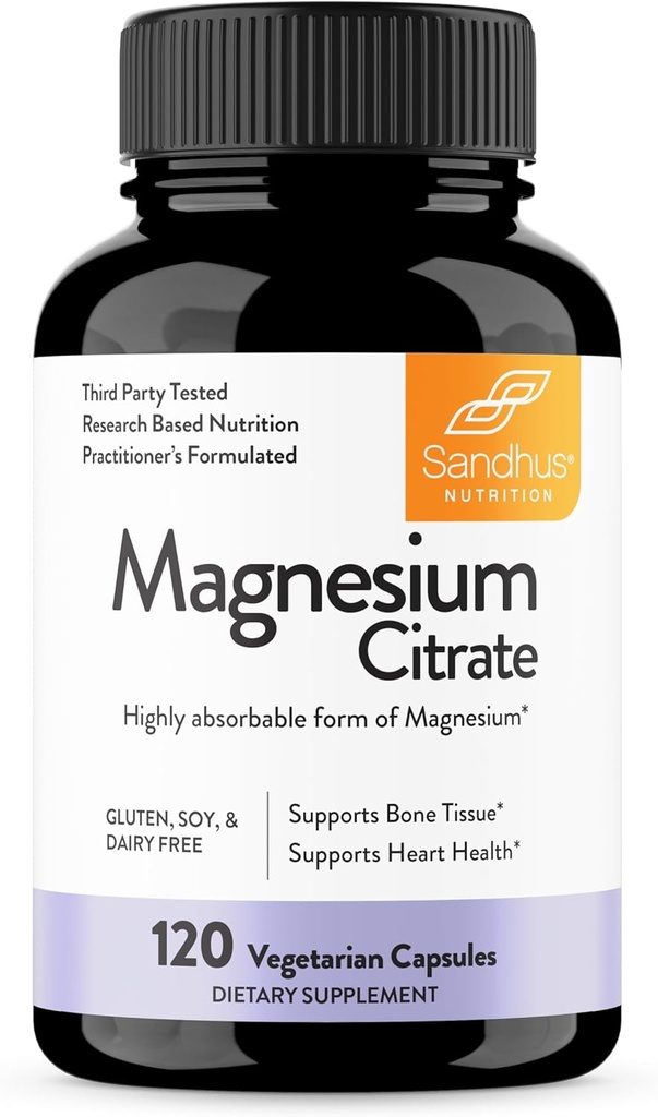 Sandhus Magnesium Citrat Høyt Absorberbar Gluten, Soja Dagbok Gratis Ingen Fyllere 120 Vegetariske kapsler