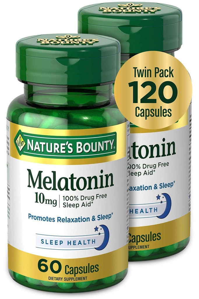 Naturens Bounty Melatonin, fremmer avslapning og søvn helse, 10 mg, kapsler, 60 Ct (2 Pack)