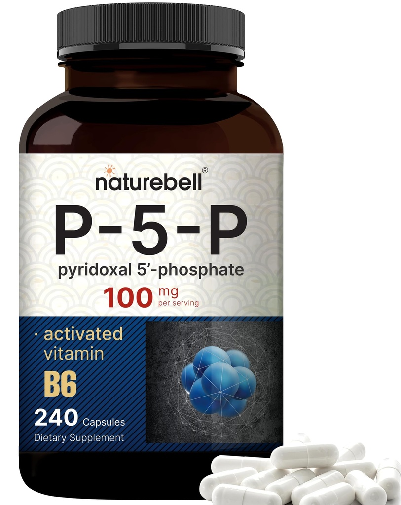 NatureBell P5P vitamin B6 100mg Per servering, 240 kapsler | Aktivert Pyridoxal 5 Fosfat kosttilskudd – essensielle B-vitaminer for hjerne og minne helse – ikke-GMO