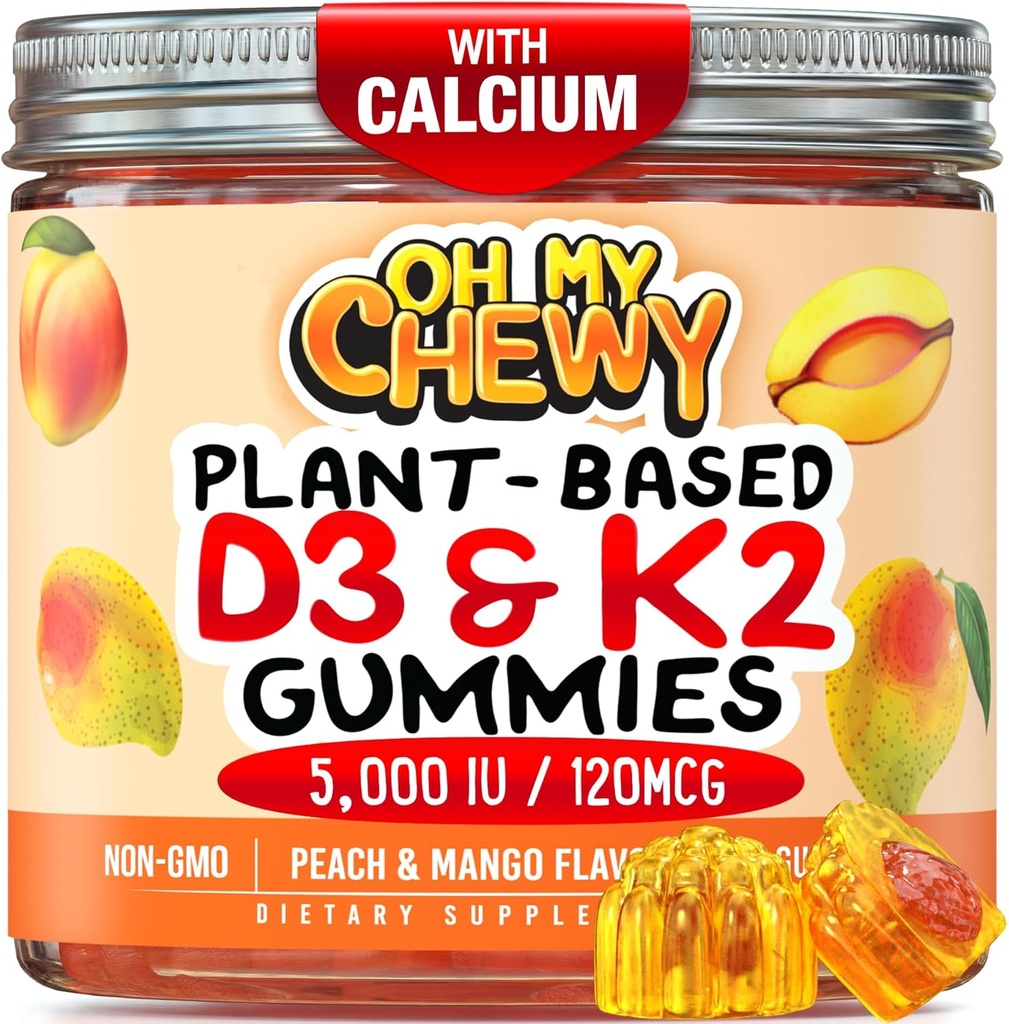 Senterfylket vitamin D3 K2 Gummies - Barn, Tenåringer og voksne - Tilskudd for sunne tenner, bein, energi og immunitet - 5000 IU D3, 120 mg K2(MK-7), 120 mg kalsium - Vegan & ikke-GMO - 60 greve
