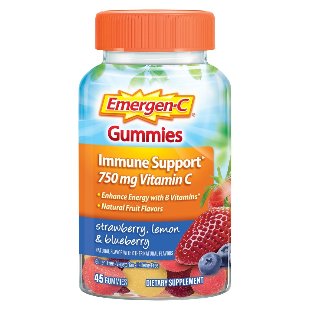 Emergen-C 750mg Vitamin C Gummies for voksne, immun støtte Gummies, Glutenfri, Jordbær, sitron og blåbær Flavors - 45 Count