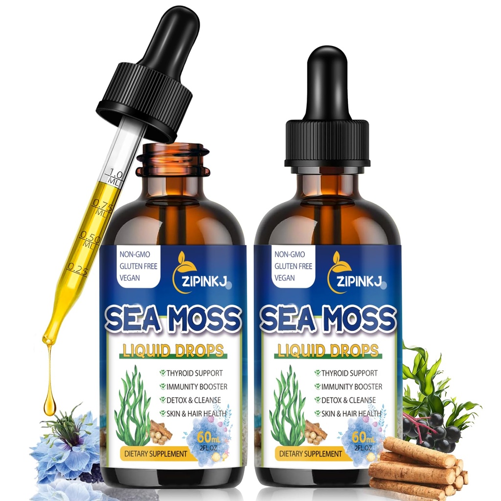 Organic Sea Moss Drops, 11 i 1 Svart Seed Oil & Irish Liquid Sea Moss Gel Ashwagandha Burdock Root, Spirulina, Bladderwrack, Elderberry for Digestion, Immunitet, Hud Håret Helse, Non-GMO - 4 Fl Oz