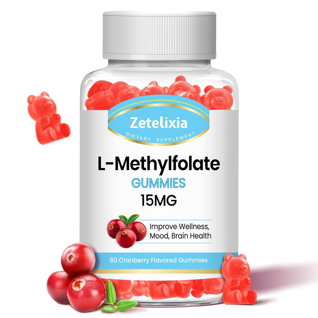 L-metylfolat 15 mg & Metyl B12 Gummies, Folat Supplement for hjernens helse, Mood & immunitet, DNA Syntese og reparasjon, sukkerfri, Vegan, Cranberry Flavor, 60 greve