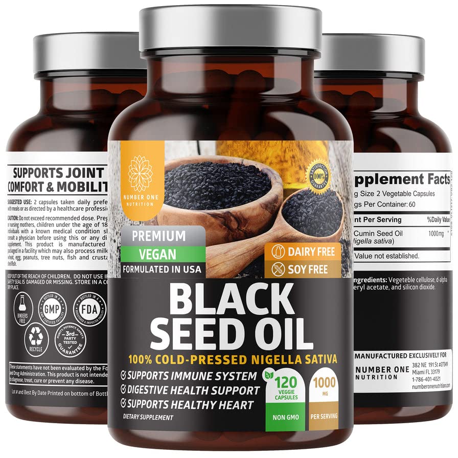 N1N Premium Black Seed Oil [Max Styrke, 1000 mg] 100% kaldpresset Nigela Sativa å støtte dialyse, immunsystem og felles komfort og mobilitet, 120 Caps