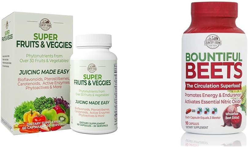 COUNTRY FARMS Super Fruits Veggies Antioksidant Immune Energi Digestive Kapsler + Buuntiful Beets Nitric Oxid Circulation Immune Capsules Bundle, 30 + 90 Serveringer