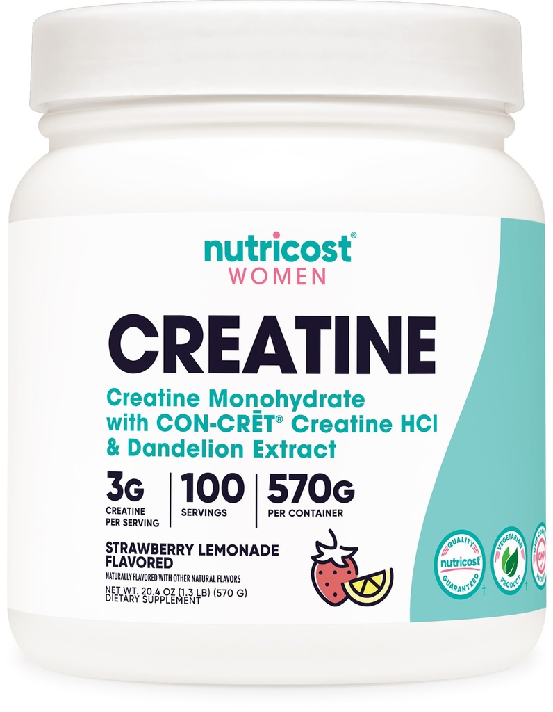 Nutricost Kreatin Monohydrat pulver for kvinner, mikronisert, Strawberry Lemonade, 100 serveringer - Vegetarisk, ikke-GMO, Glutenfri