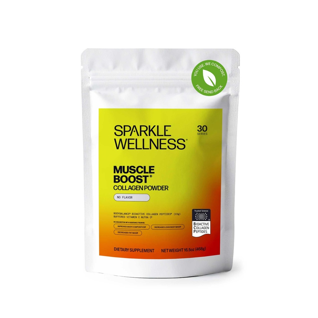Sparkle Wellness Muscle Boost (No Flavor) [30-Serves] | Kollagen Supplement pulver med hydrolysert BODBALANCE Collage Peptider & Buffered Vitamin C | Forbedrer kroppssammensetning