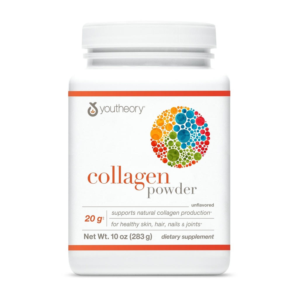 Youtheory kollagen pulver - med Aminosyrer, Mineraler, vitamin C & B7 (Biotin) - Støtter sunne bein, muskler, hår, negler, hud og ledder* - Hydrolysert - Unflavored - 10 oz (10 serveringer)