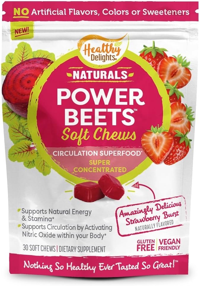 Sunn Delights Naturals Power Beets Myk Chews, Delicious Strawberry Burst, Konsentrert Superfood Supplement, støtter sirkulasjon, naturlig energi og utholdenhet, 30 teller