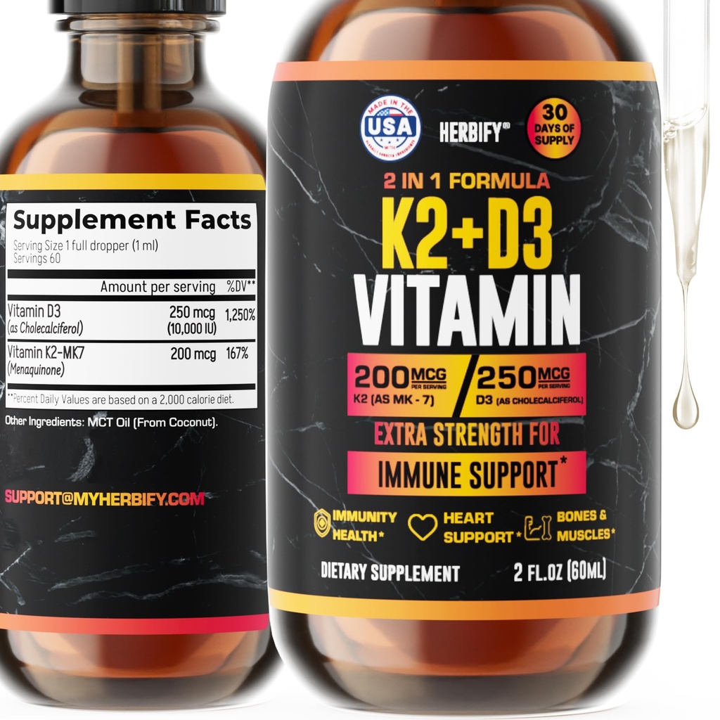 Vitamin D3 K2 Dråper – flytende vitaminer for kvinner, menn og tenåring - Bein styrke kosttilskudd - D3 K2 Mt vitaminer for immunologisk støtte og hjertehelse - vitamin D30000 Iu flytende K2 Dråper – 2 oz