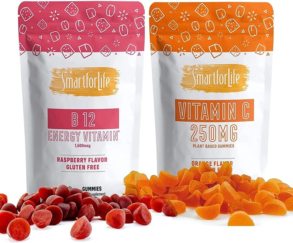 Smart for Life Vitamin C og vitamin B12 vitamin B12 1500 mikrog vitamin Gummy Supplement Øk metabolisme og energi Økt immunsystem Vitamin C 60 Gummies Vitamin B12 Supplement 60 Gummies