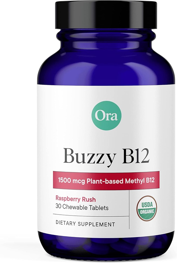 Ora organisk vitamin B12 1500mcg - plantebasert metylkobalamin for voksne - naturlig stimulant-fri energi, bringebærflavor tyggetabletter, ingen tilsatt sukker - 30 tabletter