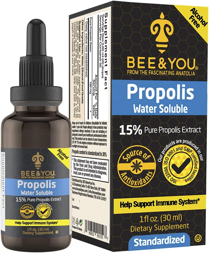 BEE og du 15% ren propolis vannløselig ekstrakt - høy potens - null sukker - null kalori - naturlig immunologisk støtte & sore throat relief antioksidanter, keto, paleo, glutenfri, 1 fl Oz