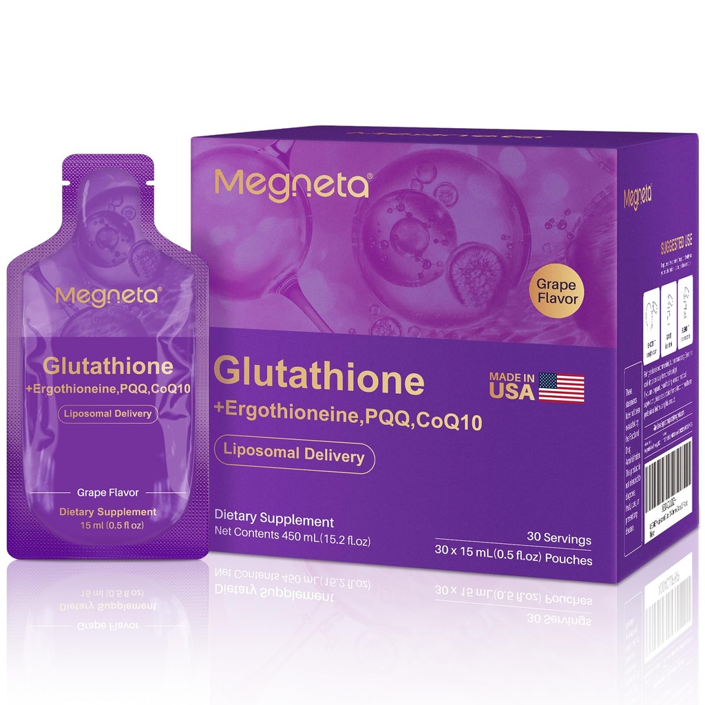Liposomal glutation Supplement – 500 mg glutation med PQQ, CoQ10 & vitamin C – høy absorpsjon Antioksidant for immun- og energistøtte – Grape Flavor, 30 Pouch