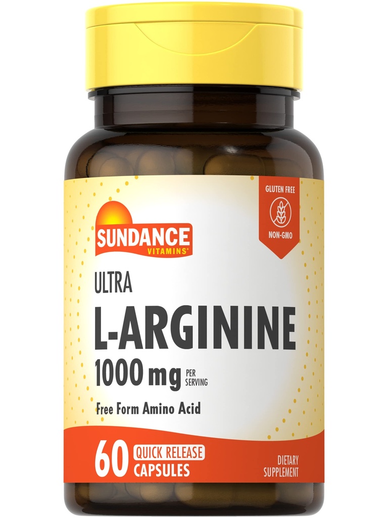 Sundance L-Arginine 1000mg kapsler | 60 greve | Gratis Form Aminosyre Supplement | Ikke-GMO og Glutenfri Supplement