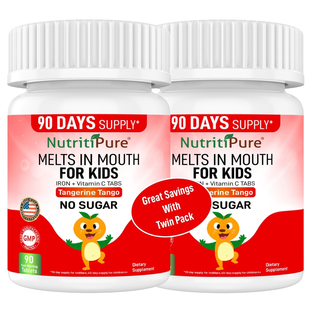 Chewable jerntilskudd for barn (ferronyl®/karbonyl jern 9 mg med vitamin C 30 mg) Tablett i Tangerine Tango Orange Flavor Kids Supplement 90 greve (2 flasker)