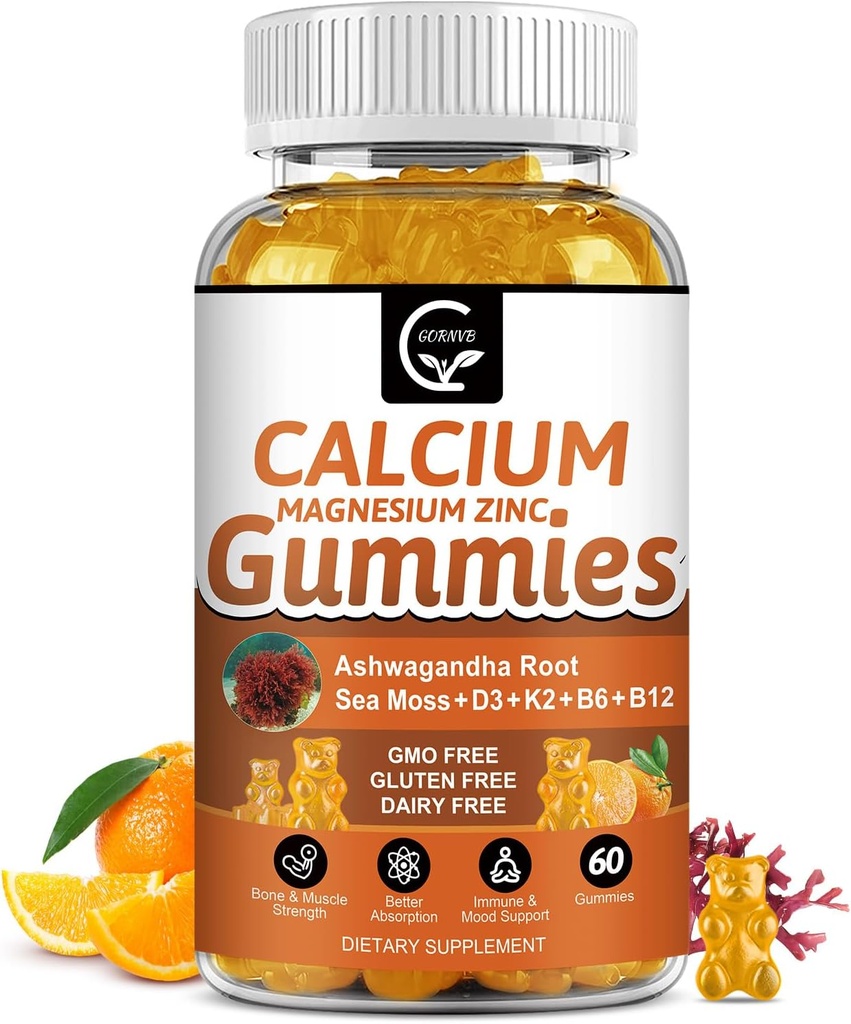 1200mg Kalsium Gummies med vitamin D3,K2,B12 & B6 - Plantekompleks Kalsium Magnesium Supplement med glycinat, Potasium, Sea Moss,Ashwagandha Root for bein og tenner Styrke, Muskel og immun