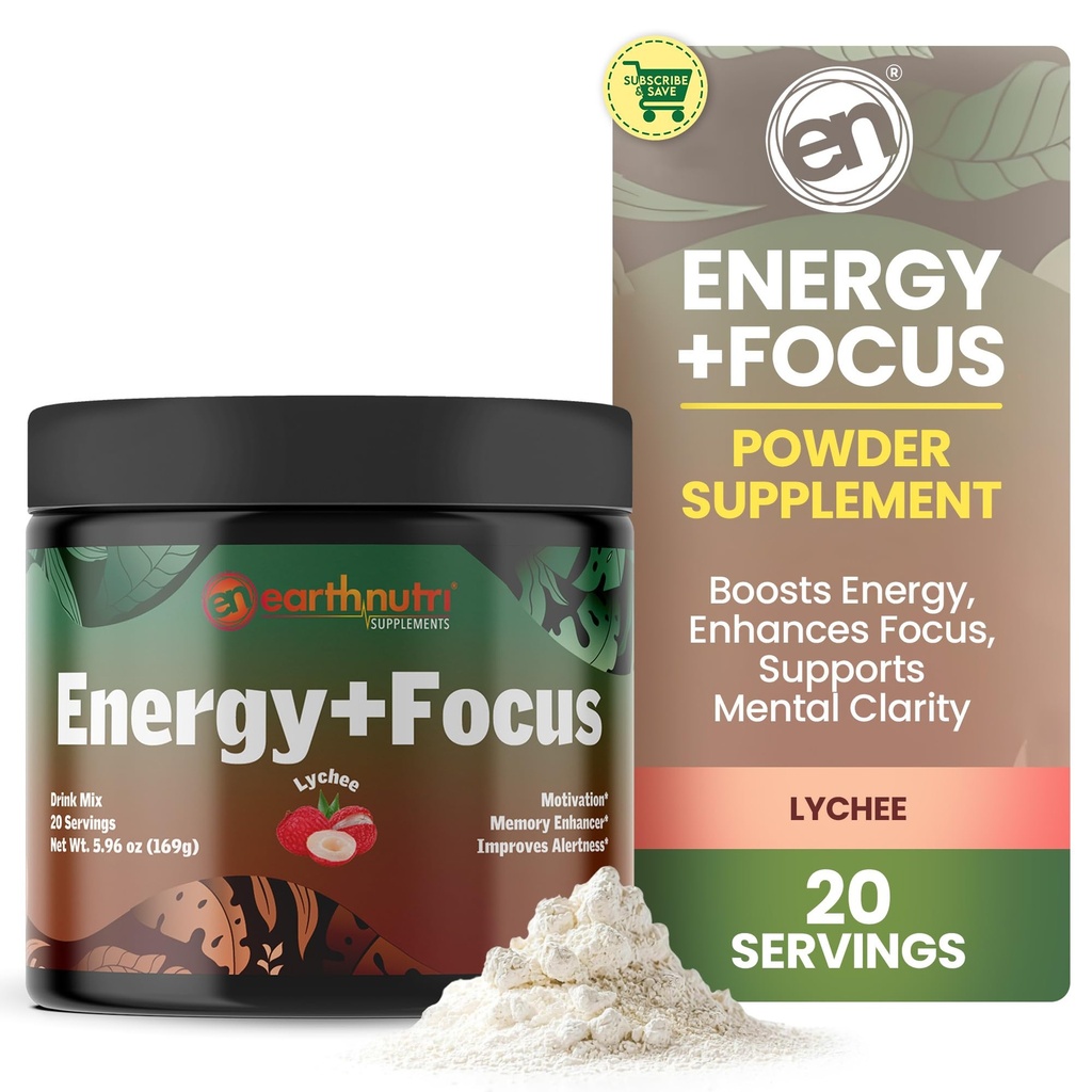 EarthNutri Energy + Focus Powder Supplement - Energi øker og hjelper konsentrasjon med PeakO2, AlphaSize, Cognizin, PurCaf, Theacrine, Acetyl L-karnitin L-tyrosin - Lychee Flavor - 20 Serveringer (171g)