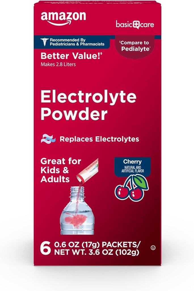 Basic Care elektrolytt pulver pakker for barn og voksne, Cherry Flavor, 6 tall (pakke med 1)