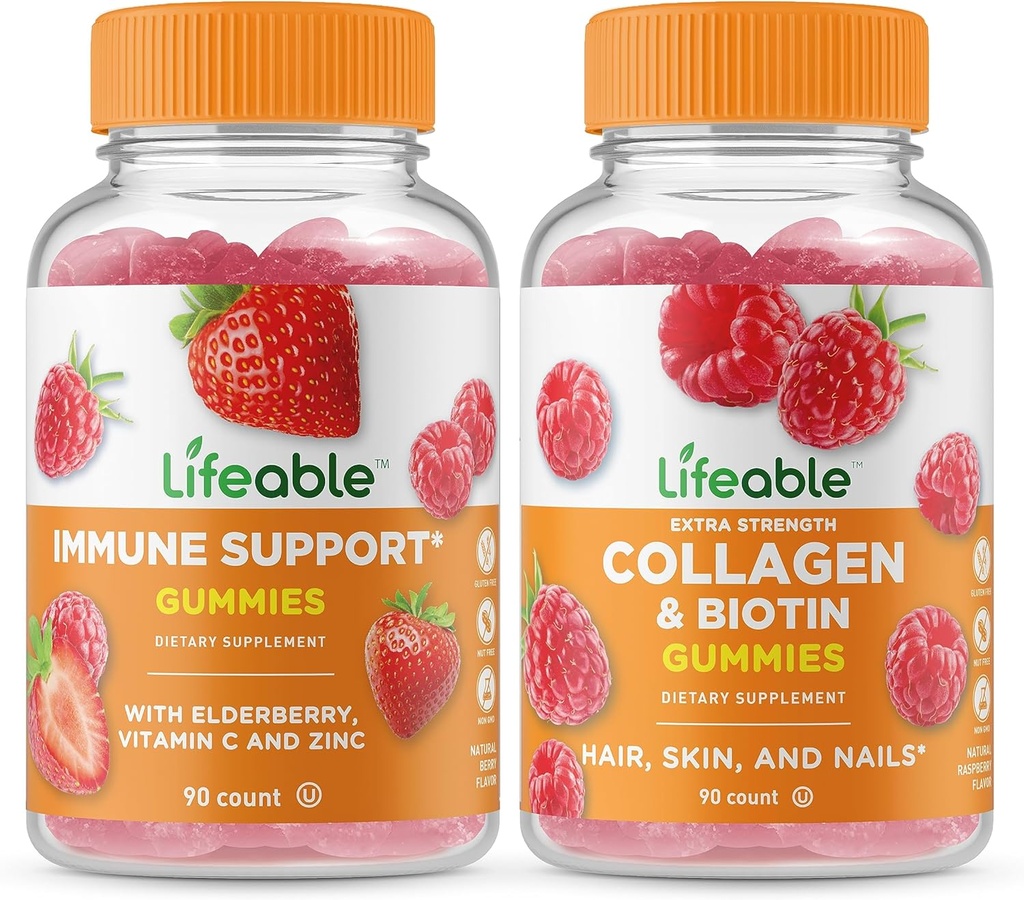 Livlig immunstøtte + Collage & Biotin, Gummies Bundle - Great Tasting, Vitamin Supplement, Glutenfri, GMO Gratis, Chewable Gummy