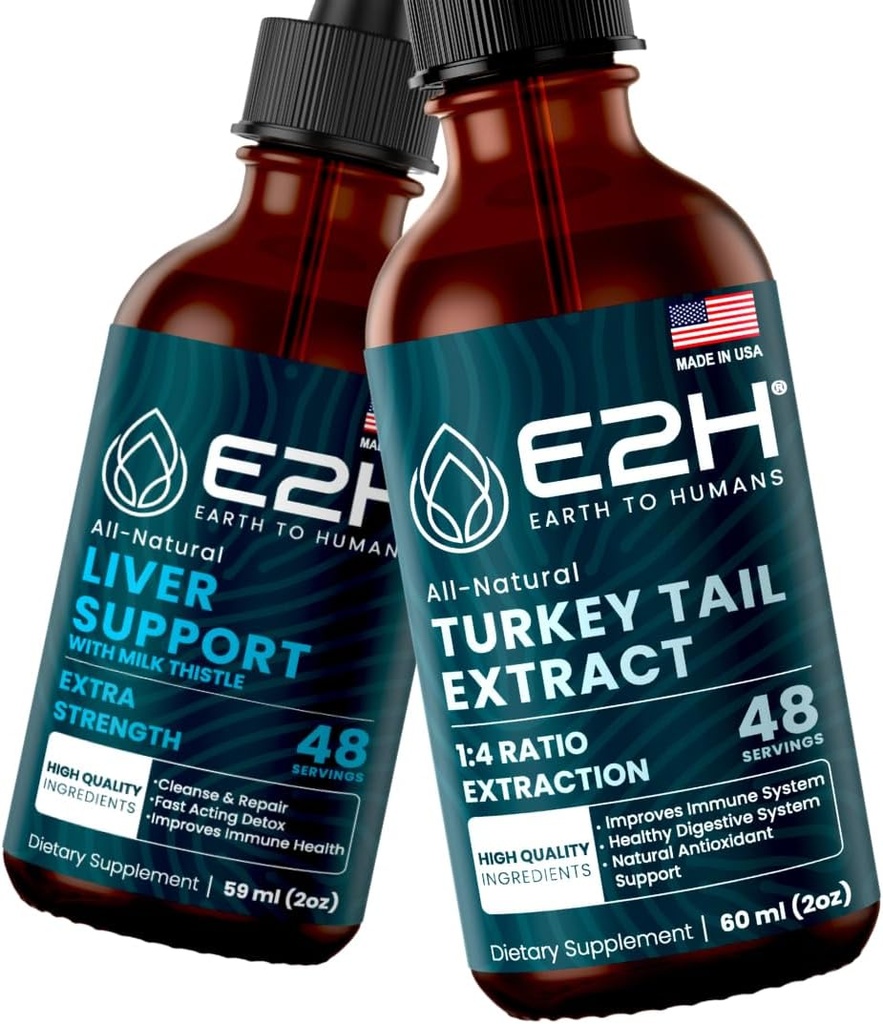 E2H: Liver Support Supplement og Tyrkia Tail Mushroom Extract | Vegan, ikke-GMO - 2 Fl Oz Hver (4 Fl Oz Totalt) - Bundle
