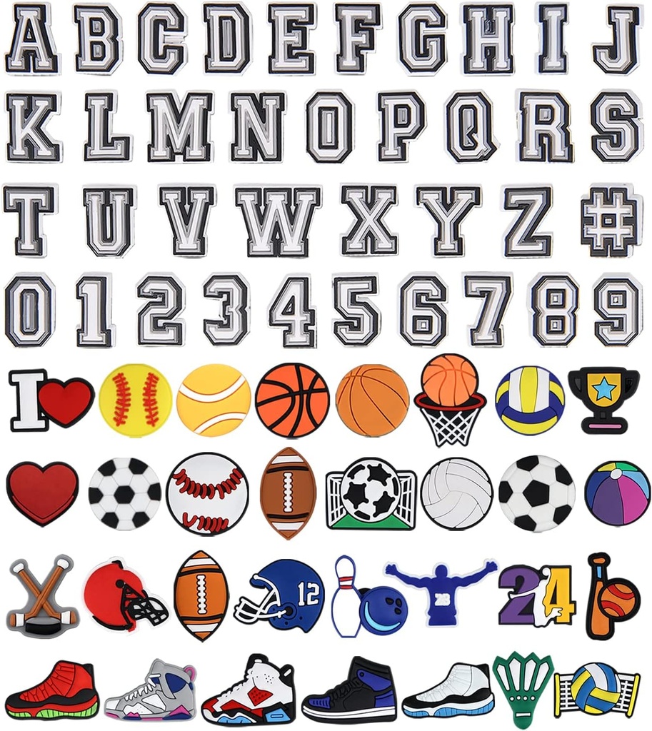 Letters Numbers and Sports Dekorasjon Charms, Basketball Baseball Hockey Softball Fotball gave til gutter Tenåringer og voksne