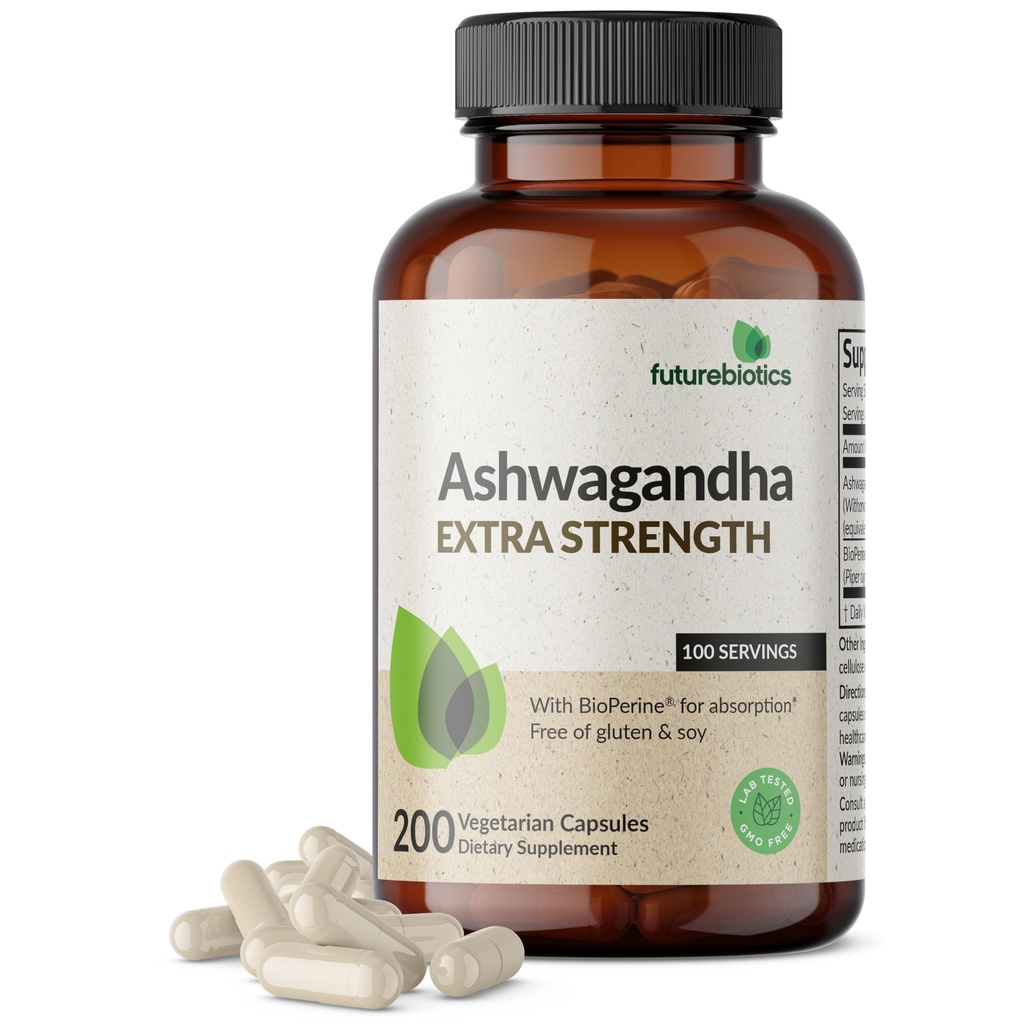 Futurebiotika Ashwagandha Extra Styrke Stress & Mood Support med BioPerine - Ikke GMO Formula, 200 vegetariske kapsler