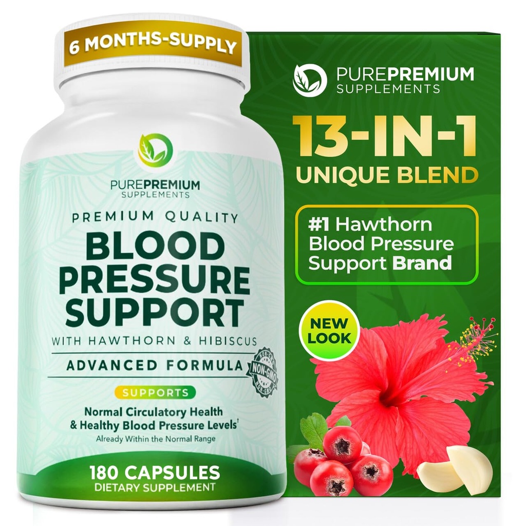 PurePremium blodtrykk kosttilskudd med Hawthorn Berry, Hibiscus, hvitløk og vitamin B12-nitric Oxid Supplement for normal hjerte helse, sirkulasjon helse og blodtrykk støtte - 180ct