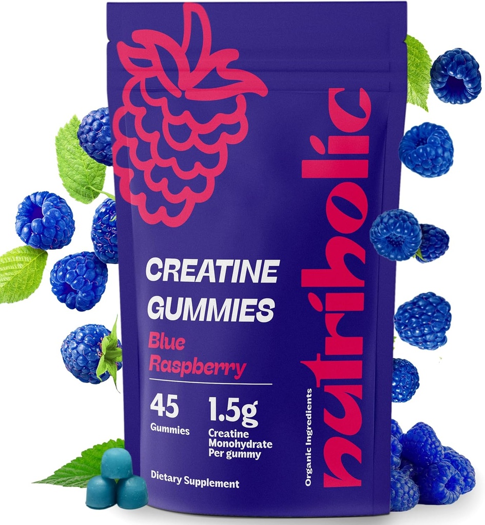Kreatin Monohydrat Gummies for menn og kvinner - Lett å Digest, Vegan, Glutenfri, Ikke-GMO, 1,5 g Kreatin per Gummy - 45ct (45 Count, Blå bringebær)