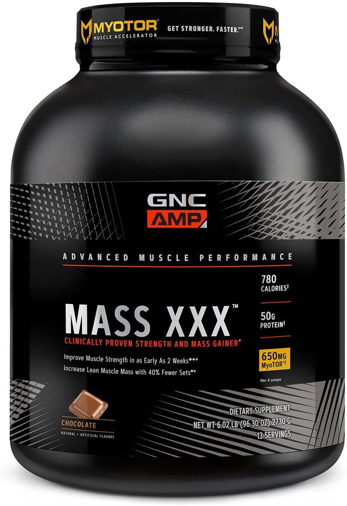 GNC AMP Mass XXX, klinisk bevist vekt gevinster protein pulver, forbedrer styrke og størrelse, 780 kalorier, 50g protein, mikroniserte aminosyrer, kreatin, betain, sjokolade, 13 serveringer, 6 pund