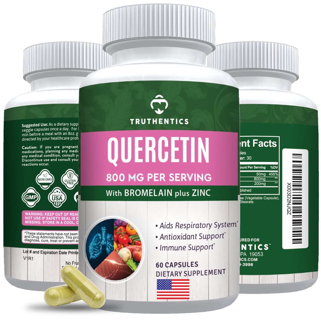 TRUTHENTICS Quercetin med Bromelain og sink 1050mg - Premium sink Quercetin kosttilskudd for immune, respirasjon og sesongstøtte - ikke-GMO, Glutenfri - 60 Veggie Capsules