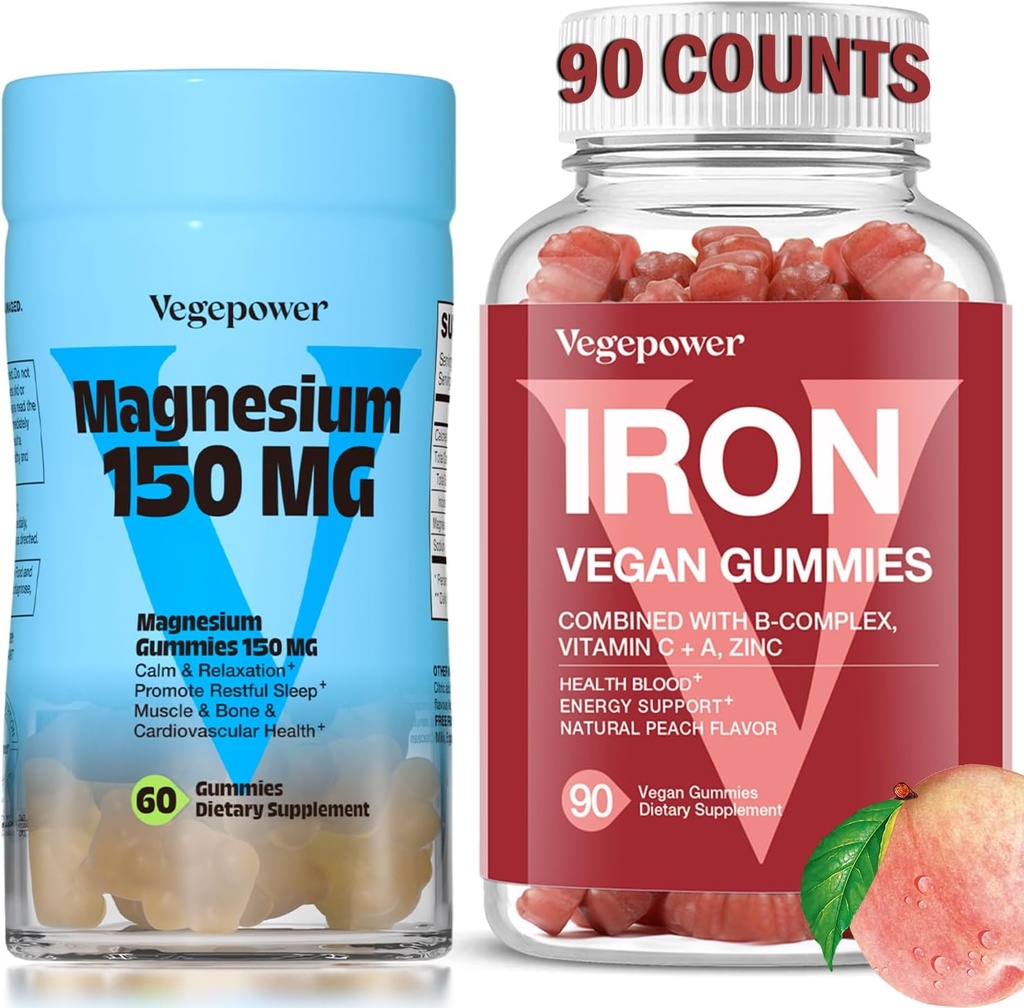 Jern Supplement med Magensium Gummies, Vegansk jern Gummies med vitamin C, A, B-kompleks, folat, sink for voksne og barn, for jernmangel, anemi, avslapping søvn, ikke-GMO