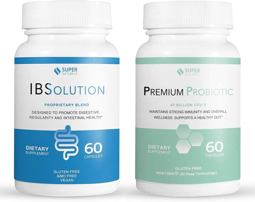 IBSolution Gut Health Bundle - All Natural Gut Health Support & Premium Probiotika v/ 40 milliarder CFU for støtte av uregelmessige Bowells, Bloating, Blowout, Gas, bukssmerter - 2 pakke (120 Caps)
