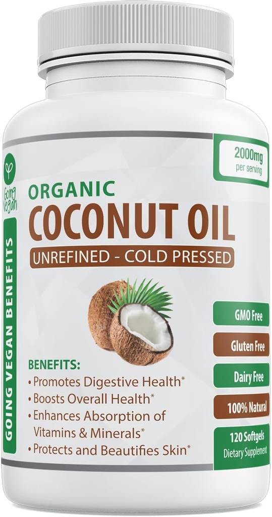 Økologisk kokosolje Capsules 2000mg - 100% ekstra jomfru, kald presset for sunn hud, ekstra hårvekst, neglepleie, brain Booster - 120 Softgels - uraffinert ren og ikke GMO piller - rik på MCT