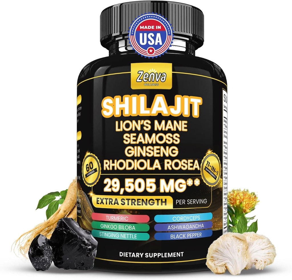 Shilajit og Sea Moss Combo Pure Shilajit for menn og kvinner Himalayan Shilajit Capsules Ekstra styrke med Lions Mane, Rhodiola Rosea, Ashwagandha, Cordyceps, Ginseng Plus Turmeric