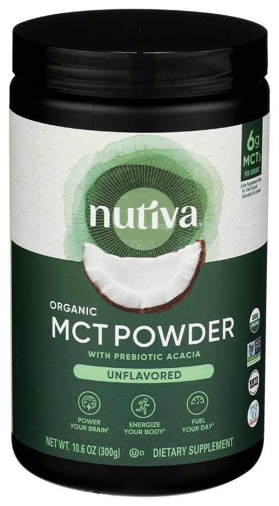 Nutiva Organic MCT Powder with Prebiotic Acacia Fiber, Klassisk, 10.6 Oz, USDA Økologisk, Ikke-GMO, Ikke-BPA, Vegansk, Glutenfri, Keto & Paleo, Øyeblikklig drikke eller Øk til Kaffe & Smoothies