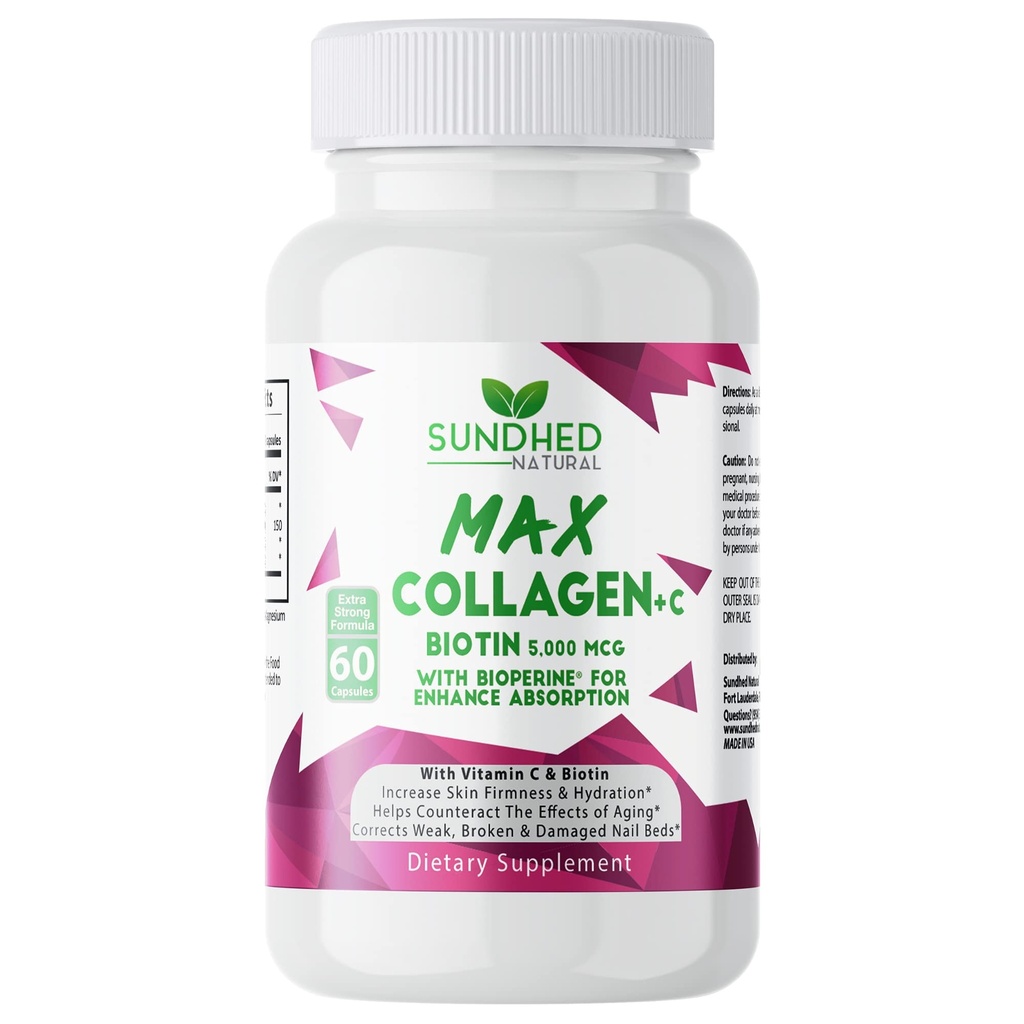 Max Collagen Plus C (60 caps) - Alle naturlige collagen kapsler med Biotin & Bioperine å øke anti elding Hydration & hud firmness - kollagen piller å styrke bein og negler