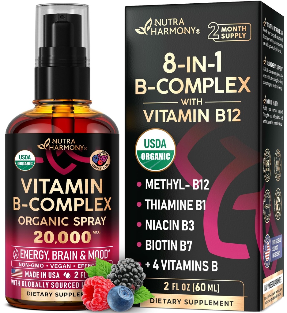 USDA organisk vitamin B-kompleks flytende Spray 8-i-1 - B5 Pantotensyre | B12 Metylkobalamin | B1 Thiamin | B6 Pyridoxin | B7 Biotin | B9 folic | B3 Niacinamid - laget i USA Supplement, 2fl oz