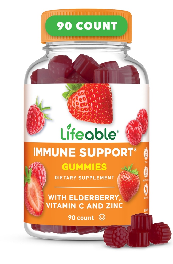 Livlig immunstøtte Gummier for voksen | Eldrebær vitamin C og sink | Great Tasting Eldrebær Immunstøtte Supplement Gummies | Immunitet Gummies for voksne, menn, kvinner | 90 Gummies